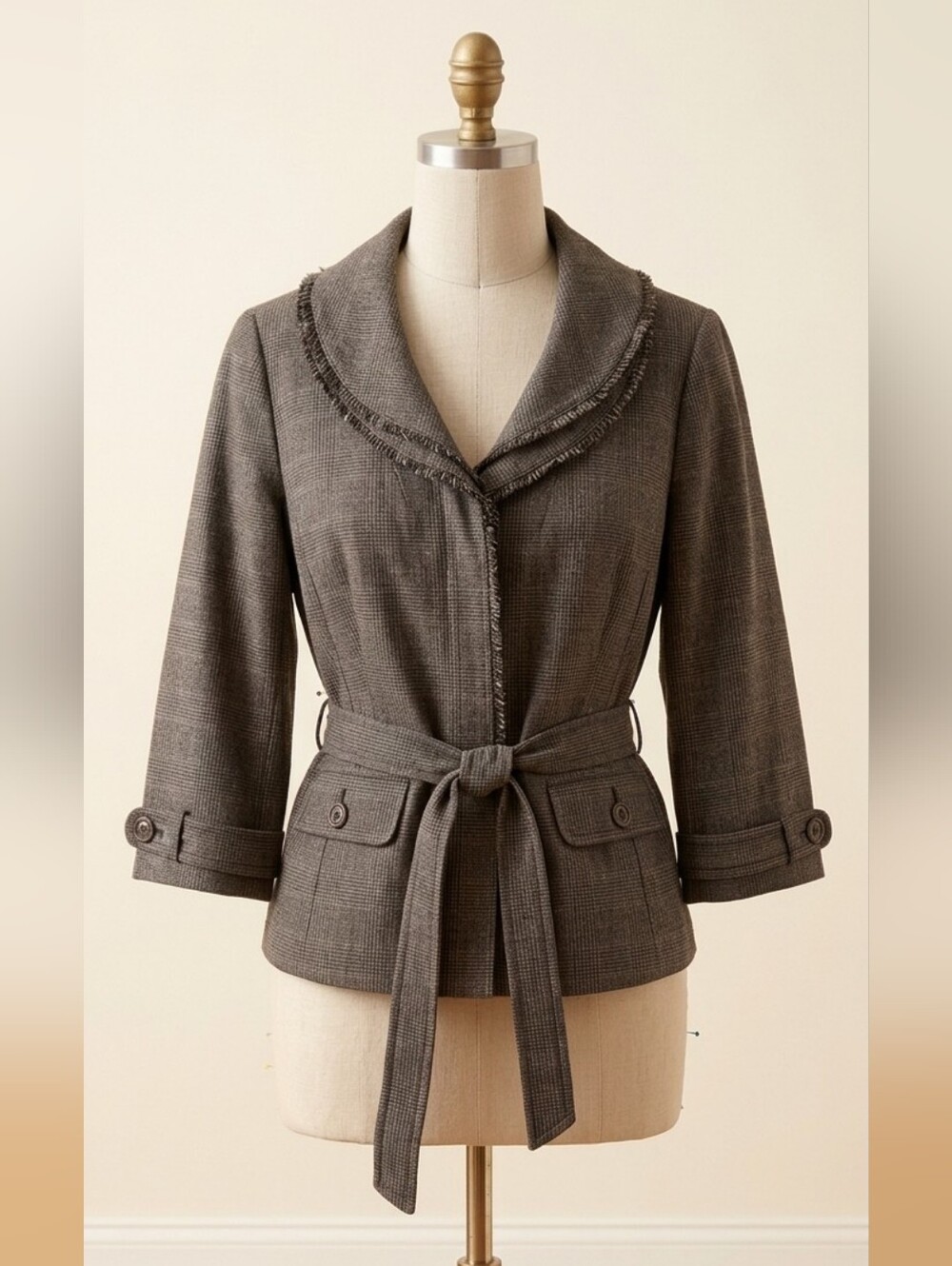 Loft Brown Plaid Ruffle Collar Fitted Blazer Waist Tie‎ Y2K Office Siren Twee